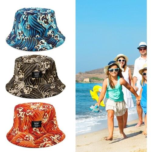 Women Men Cotton Fisherman Hat Fashion Sun Protection Double Sided Outdoors Bucket Caps Wave Pattern Beach Sunscrren Cap