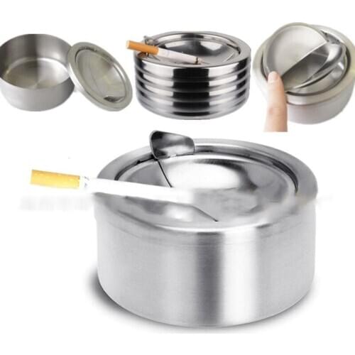 1pc Cigarette Lidded Ashtray Stainless Steel Silver Windproof Ashtray with Lid Round Shape Smoking Ash Tray