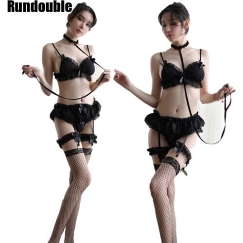 Sexy Princess Lace Trim Garter Belt G-String Bra Bikini Deep V Cosplay Erotic Suspenders Lingerie Lovely Girls SM Underwear Set