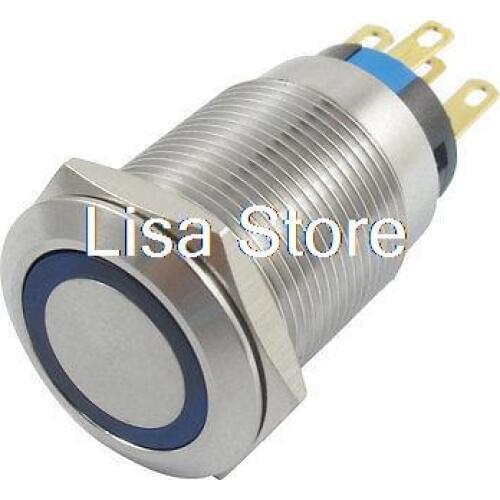 Blue Light Flat Head Self Locking SPDT Stainless Pushbutton Switch 220V