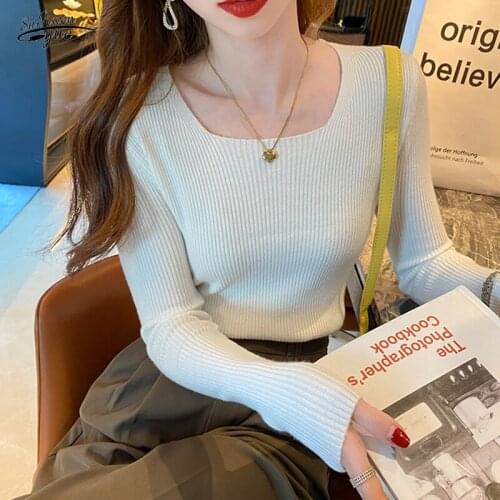 Square Neck Thin Knit Bottoming Shirt Women Inner Wear 2021 Spring Fashion Slim Woman Sweater Elegant Warm Women Pullover 16180