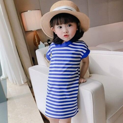 Girls A-Line Dresses 2020 Short Sleeve Summer Clothing for Kids O-Neck Striped Mini Dress Childrens Casual Long Shirt Dress