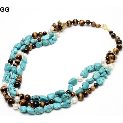 GuaiGuai Jewelry 3 Rows Blue Turquoises Gems Stone Natural White Pearl Tiger Eye Necklace 23" For Women