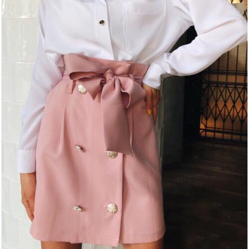 2020 High Waist Skirt Women Autumn Summer Elegant Pockets Solid Skirts Ladies Casual Button Belted Mini A-line Skirt