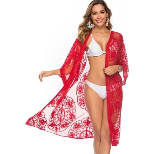 Womens Sexy Floral Lace Bikini Cover Ups Sheer Open Front Long Kimono Cardigan A0NF
