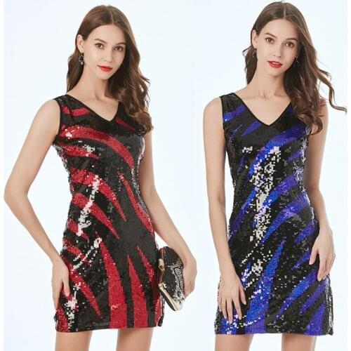 Vintage A-line Striped elegant patchwork Sleeveless Sequin Tank V-neck black red gold Club Sexy women Bodycon Summer Dress