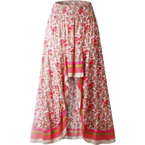 50% HOT SALES!!! Women Stylish Elastic High Waist Ethnic Floral Print High Low Hem Long Skirt