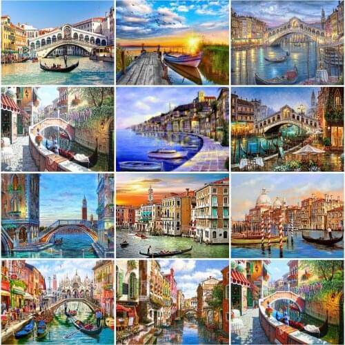 AZQSD Diamond Painting City River Town 5D Diamond Embroidery Scenery Cross Stitch Mosaic Diamond Full Square Handmade Home Decor