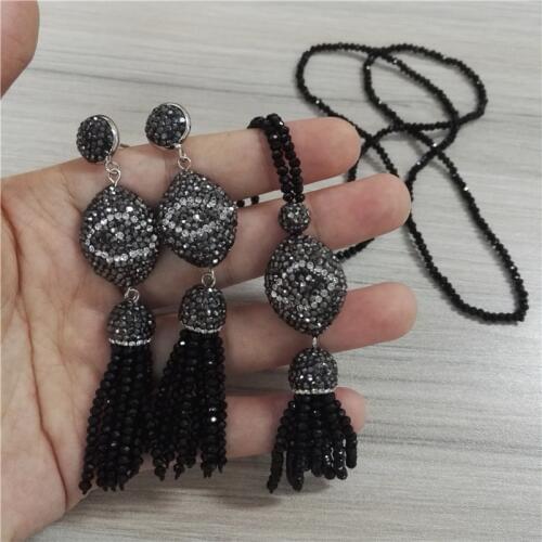 Bohemia Boho Oval Evil Eye Charm Black Bead Tassel Studs Earring Bead Chic Tidy Tassel Pendant Necklace Jewelry Set For Women