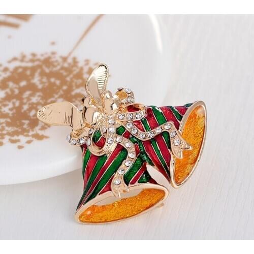 New Arrive Double Colourful Christmas Bell Bowknot Rhinestone Brooch Pins For Girls Women Fashion Jewelry Christmas Gift