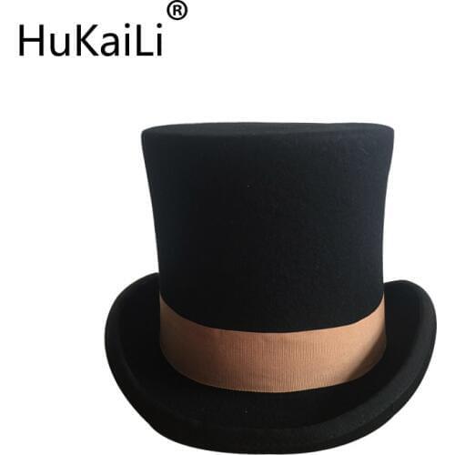 Black 7inch and 4.5inch Top Hat with brown grosgrain Wool Fedoras Gentleman Steampunk Groom Wedding High flet Hat Pot Topper