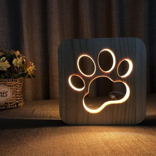 Wooden Dog Paw Cat Animal Night Light French Luminaria 3D Lamp USB Powered Desk Lights For Baby Christmas New Year Gift