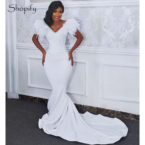 Long Sexy Mermaid Evening Dresses 2020 V-neck Feather African Women White Formal Party Gowns