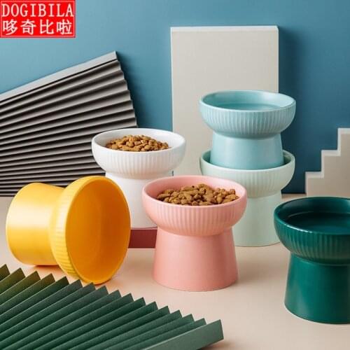 High Foot Cat Bowl Cat Food Bowl Cat Bowl Stripe Ceramic Cat Water Bowl Cat Food Bowl Neck Protection Cat Bowl Cat Supplies