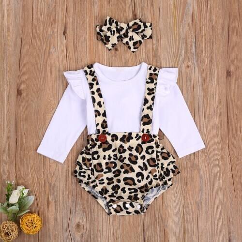 Emmababy Newborn Baby Girl Clothes Solid Color Long Sleeve Round Neck Romper Cute Suspender Button Leopard Ruffle Shorts 2Pcs