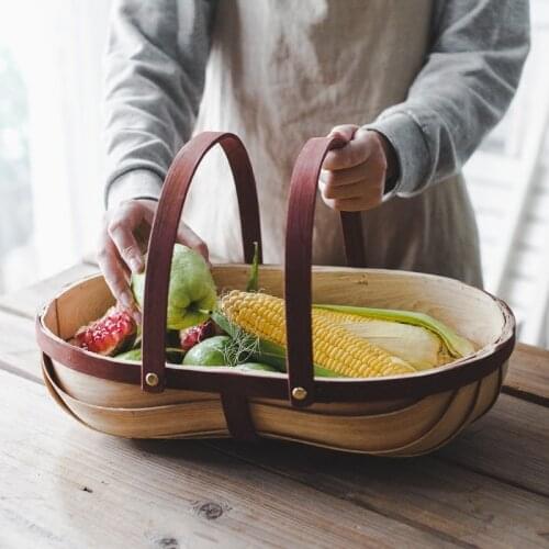 Japanese hand-woven wood chip basket creative double handle bread basket picnic basket kitchen fruit and vegetable storage baske