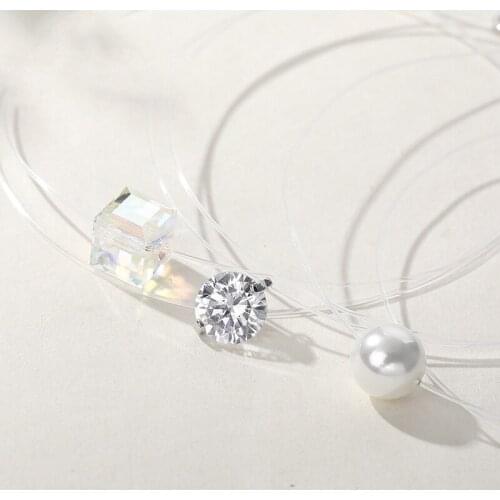 Trusta 100% 925 Solid Sterling Silver Color CZ Stone Block/Pearl Pendant 39cm Clavicle transparent Chain Necklace For Girl ED320