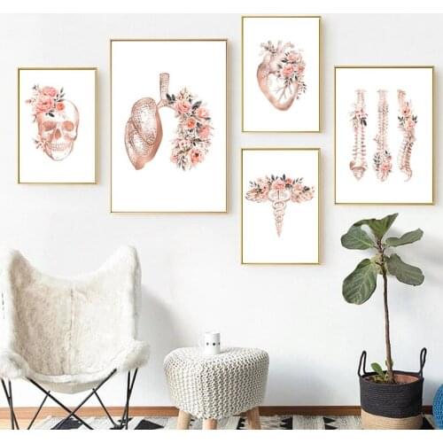 Medical Education Decorative Painting Heart Lung Skull Organ Wall Poster Stethoscope Art Painting Flower Anatomy Canvas Printing
