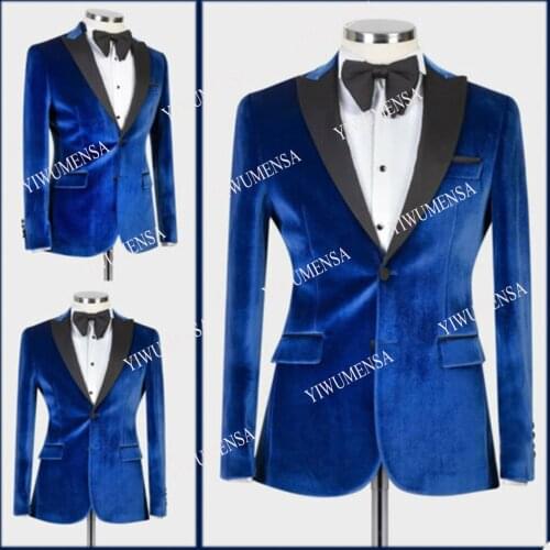 YIWUMENSA Blue Velvet Men Suit Jacket Regular Fit Blazer Groom Tuxedo Black Peaked Lapel Coat Groomsman Wedding Formal Tailored