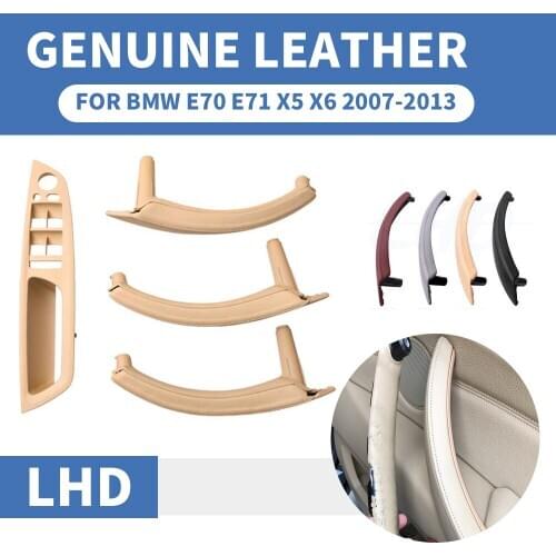 Beige Genuine Leather Car Front Rear / Left Right Interior Door Handle Inner Panel Pull Trim Cover For BMW E70 E71 X5 X6 07-13