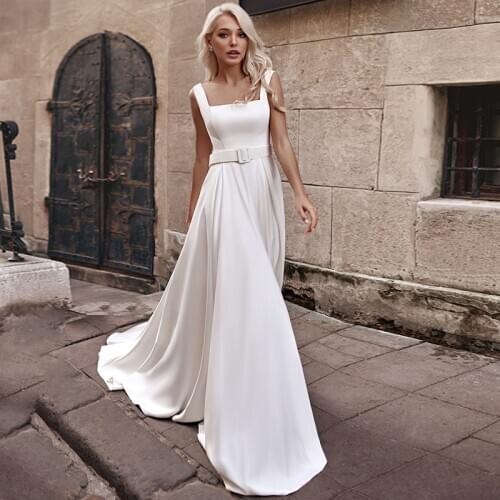 Charming Sweep Train A-line Wedding Gowns 2021 Square Neck Sleeveless Bridal Dress with Sashes High Quality