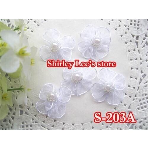 Wholesale ----900pcs 3.2cm White Organza Ribbon flower with pearls center,craft applique(S-203A)