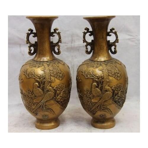 Song voge gem S1365 Chinese Royal Palace Brass Copper Plum Peony Phoenix Bird Pot Bottle Vase Pair