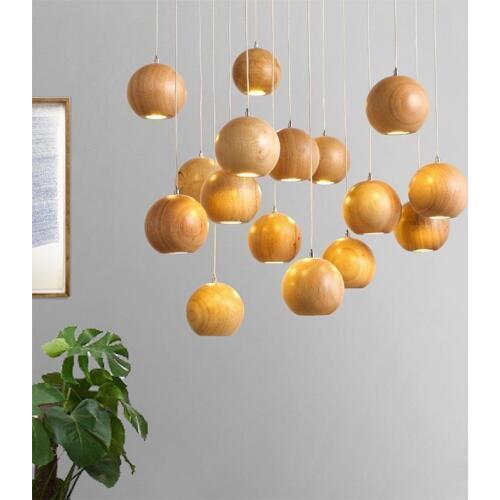 Natural Source Pendant Lights Nordic American Hanglamp Log Restaurant Bar Round Ball LED Solid Wood Luminaire Suspendu
