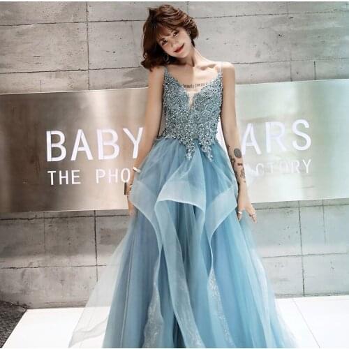 Amazing Luxury romantic blue Bride Wedding Toast dinner party annual meeting performance wedding female elegant special dress