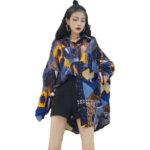 Retro Style Printed Shirt Womens Blouse Spring Mid-length Shirt 2021 New Korean Chic Loose Tops blusas mujer de moda 154b