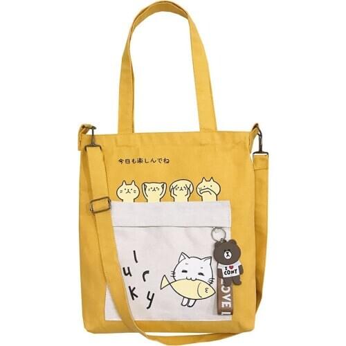 PURFAY New Women Cartoon printing Canvas Shoulder Bag Zipper Flap Bag Ladies Handbag Crossbody Bags Backpack Bolsos Bear Pendant