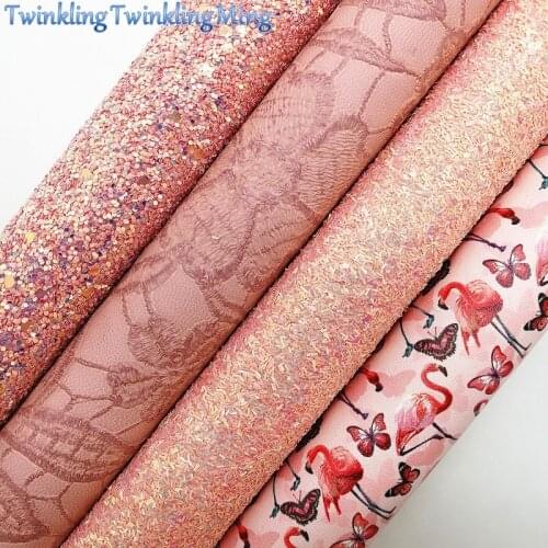 PINK Glitter Fabirc, Faux Leather Fabric, flamingo Synthetic Leather Fabric Sheets For Bow A4 21x29CM Twinkling Ming XM611