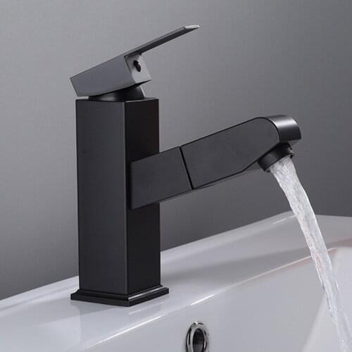 Pull Out Bathroom Basin Sink Faucet Hot Cold Water Mixer Black Crane With Shower Spray Deck Mount Basin Faucet