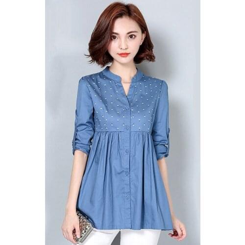 M-4XL New Womens Shirt Spring 2021 Fashion Medium-long Loose Casual Long-sleeve V-neck Printing Pleated Shirt Female