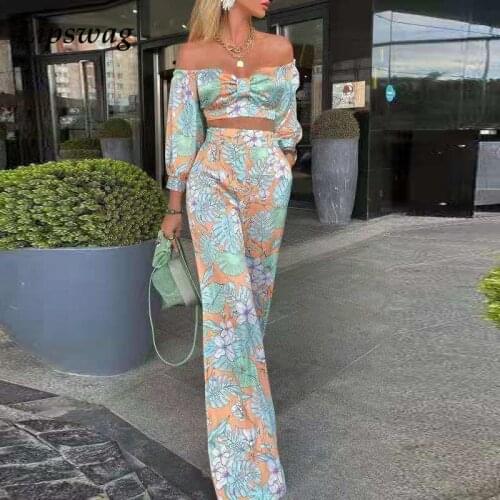 Summer Retro Floral Print 2 Piece Outfits Sexy Off Shoulder Crop Tops + Elegant Wide Leg Pant Suits 2021 Autumn Casual Women Set