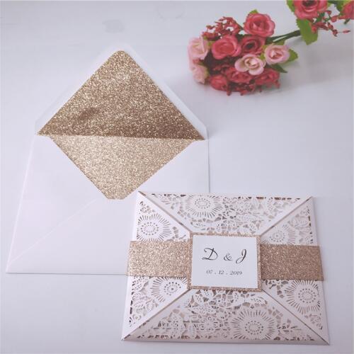 10PCS Wedding Invitation Card High-end Suit Laser Cutout Private Custom Ivory Multi-color Flash Envelope & Belt Provide Prints