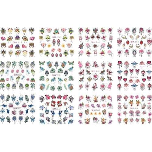 12 Sheets/Lot BN1177-1188 New Nail Geometry Buddhism Flower Nail Polish Sticker Water Tattoo Decoration Foils Wraps
