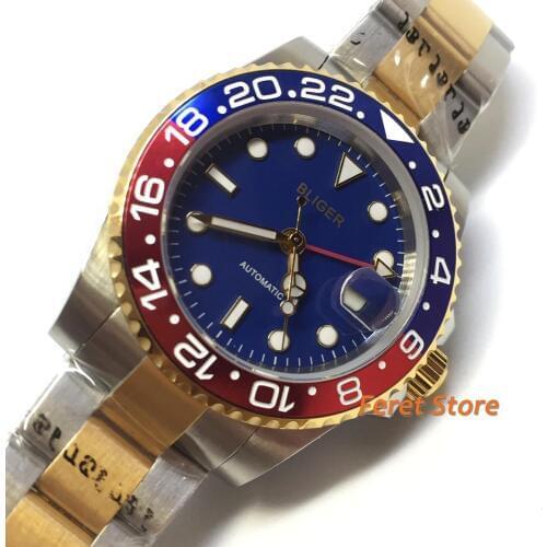 40MM Bliger Golden Plated steel Case Metal bezel Blue Dial Sapphire Glass GMT Function Automatic Movement Mens Watch