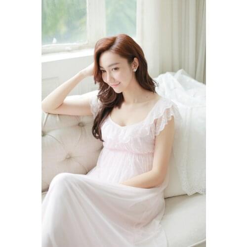 Free Shipping 2016 New Summer Princess Nightdress Womens Long Nightgown Lace Sleepwear Modal Sleeveless Nightshirt