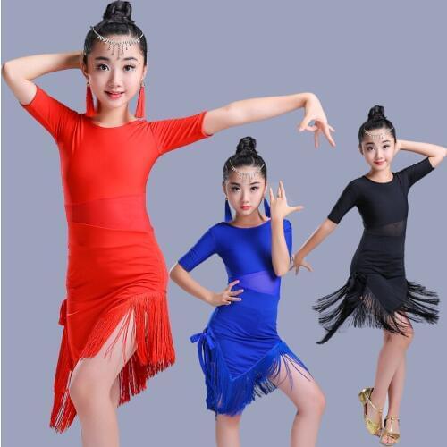 2018 Fringe Blue Black Red Salsa Dress Child Girls Kids Latin Dresses Girls Latin Dance Costumes