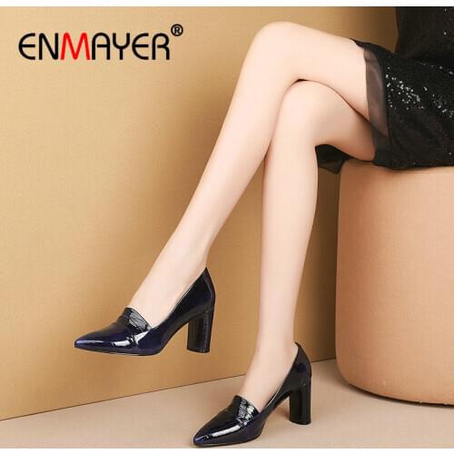 ENMAYER 2020 Elegant Women Shoes Pointed Toe Slip-On Patent Leather Wedding Shoes Square Heel Shallow High Heel Women Pumps 43