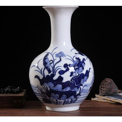 Jindezheng Classic Blue and White Lotus Flower Fis Pattern Relief hand painted Porcelain Vase for Home decor Furnishing Articles