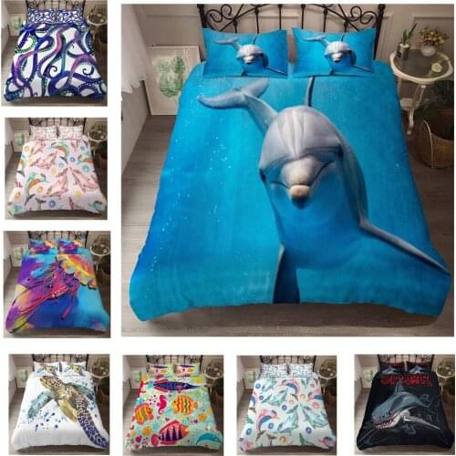 Marine Dolphin Duvet Cover Set Queen 2/3 Pieces Marine Life Pattern Printed Bedding Set With Pillowcases Microfiber Quilt Cover