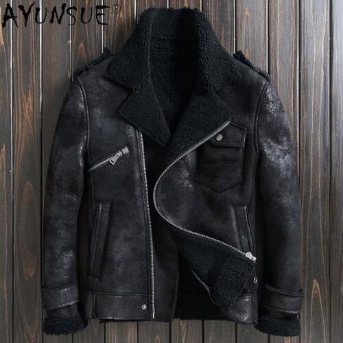 AYUNSUE Genuine Sheep Shearling Jackets for Men Clothing Motorcycle Winter Jacket Real Sheepskin Leather Clothes Veste LXR1066