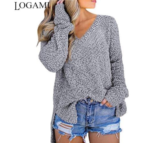 LOGAMI Long Sleeve V Neck Fleece Pullover Soft Sweater and Pullover Womens Knit Jumper