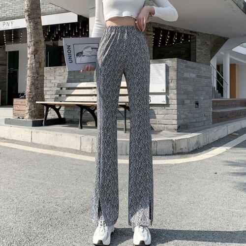 Fashion Micro-flared Pants Womens Spring Autumn 2021 New Casual Houndstooth Slit Wide-leg High-waist Drape Mopping Trousers