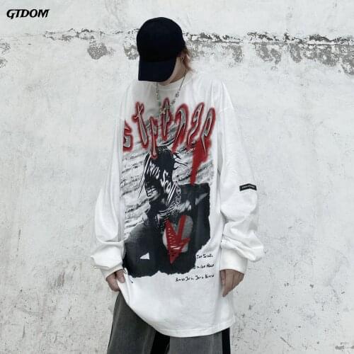 GTDOM Men 2021 Spring Autumn New Cotton Loose T-shirt Street American High Street Style Heart Print O-Neck Long Sleeve T-shirts