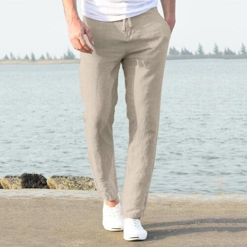 New Top Quality Mens Summer Casual Pants Natural Cotton Linen Trousers White Linen Elastic Waist Straight Mens Pant Straight