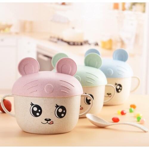 2Pcs Set Wheat Straw Tableware Food Wheat Cartoon Kids Dishes Children Cups With Lid Cute Tableware Plate dishes for children