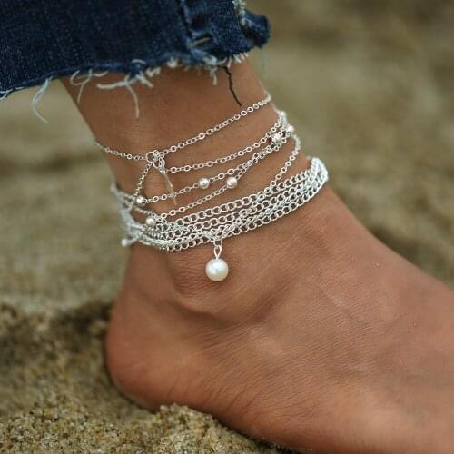 Hanzhishang alloy silver foot chain set personalized pearl diamond pendant 4-piece combination foot ornament